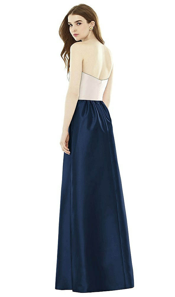 Back View - Midnight Navy & Ivory Full Length Strapless Satin Twill dress with Pockets
