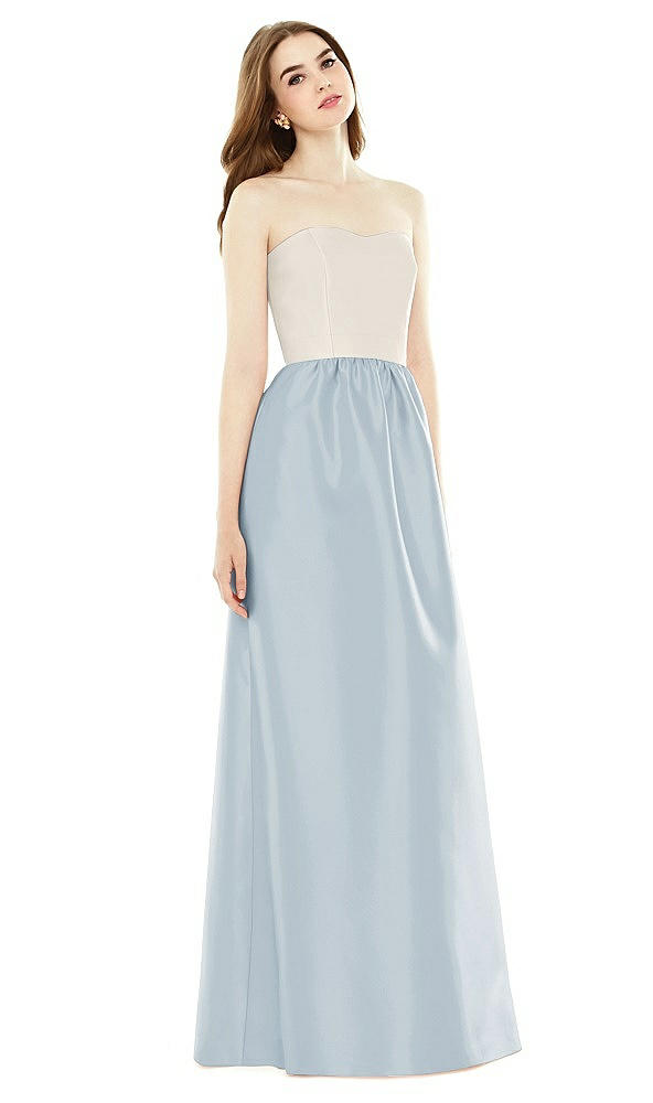 Front View - Mist & Ivory Full Length Strapless Satin Twill dress with Pockets