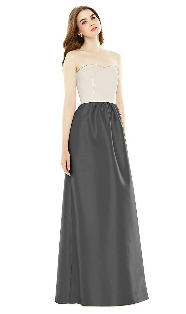 Front View - Pewter & Ivory Full Length Strapless Satin Twill dress with Pockets