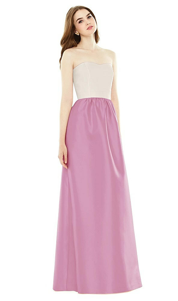Front View - Powder Pink & Ivory Full Length Strapless Satin Twill dress with Pockets