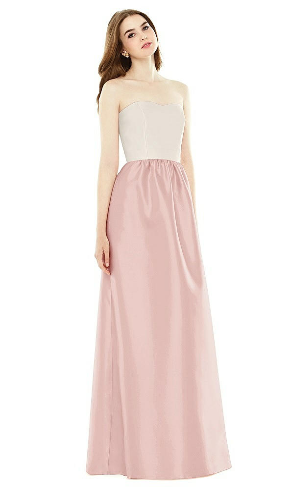 Front View - Rose & Ivory Full Length Strapless Satin Twill dress with Pockets