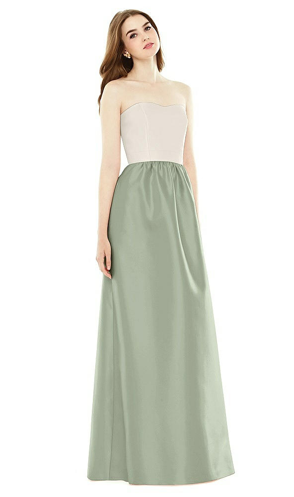 Front View - Sage & Ivory Full Length Strapless Satin Twill dress with Pockets