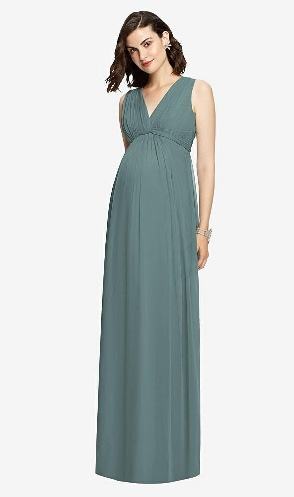 Front View - Smoke Blue  Sleeveless Shirred Skirt Maternity Dress