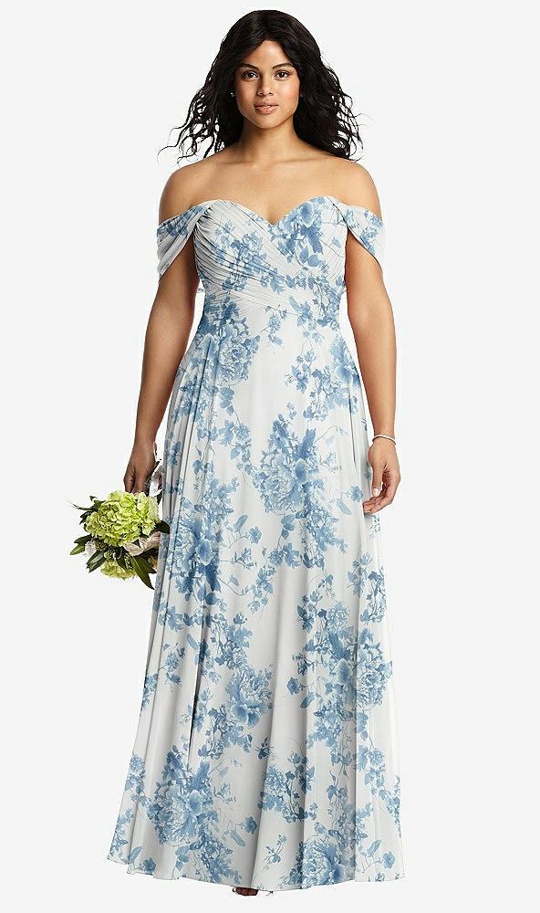 Front View - Cottage Rose Dusk Blue Off-the-Shoulder Draped Chiffon Maxi Dress