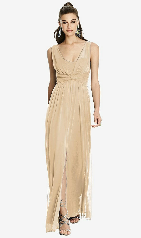 Front View - Golden Maxi Chiffon Knit Shirred Strap Dress