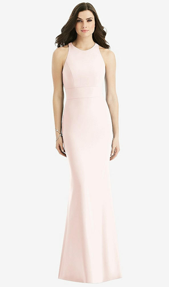 Back View - Blush Criss Cross Twist Cutout Back Trumpet Gown