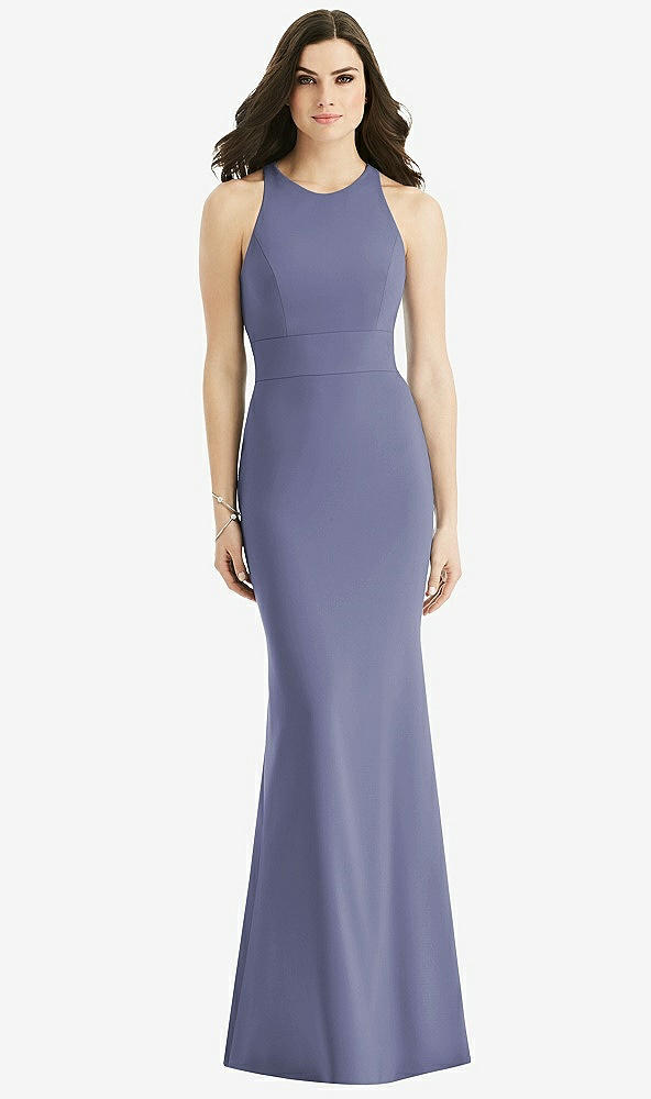 Back View - French Blue Criss Cross Twist Cutout Back Trumpet Gown