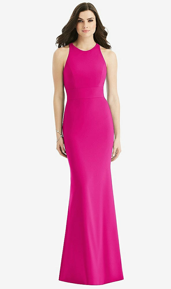 Back View - Think Pink Criss Cross Twist Cutout Back Trumpet Gown
