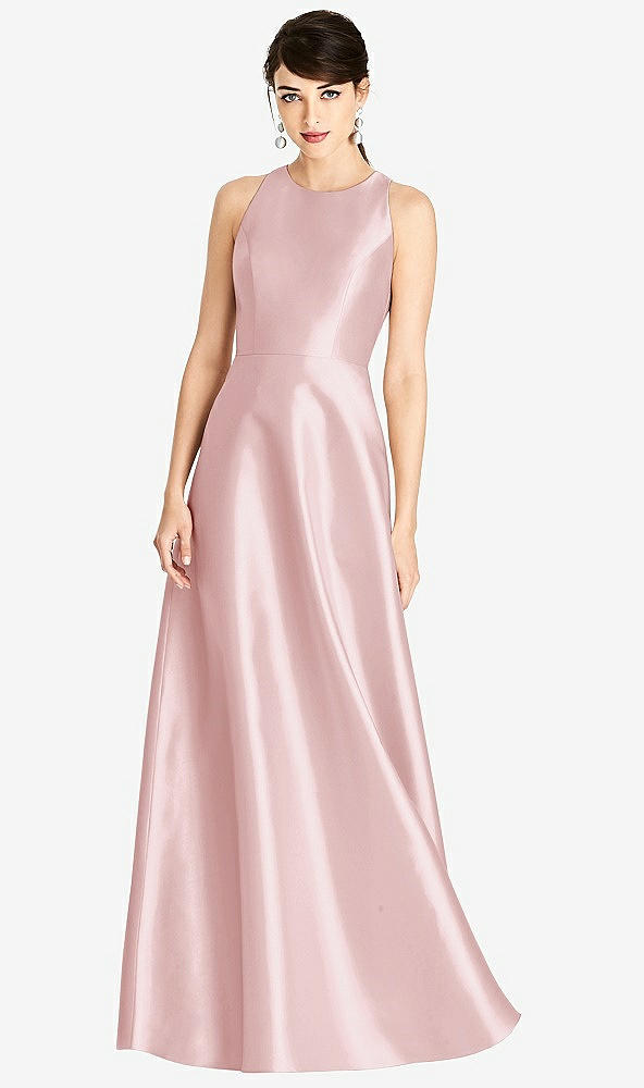 Front View - Ballet Pink Sleeveless Open-Back Satin A-Line Dress