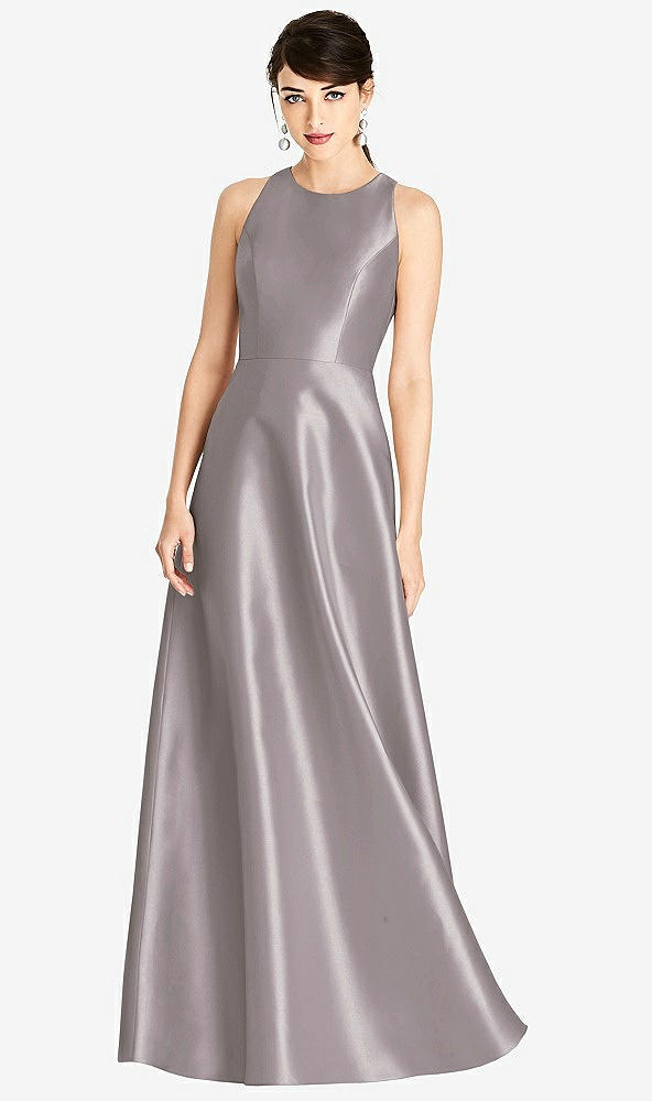 Front View - Cashmere Gray Sleeveless Open-Back Satin A-Line Dress