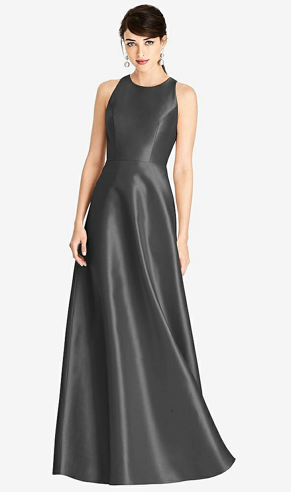 Front View - Pewter Sleeveless Open-Back Satin A-Line Dress