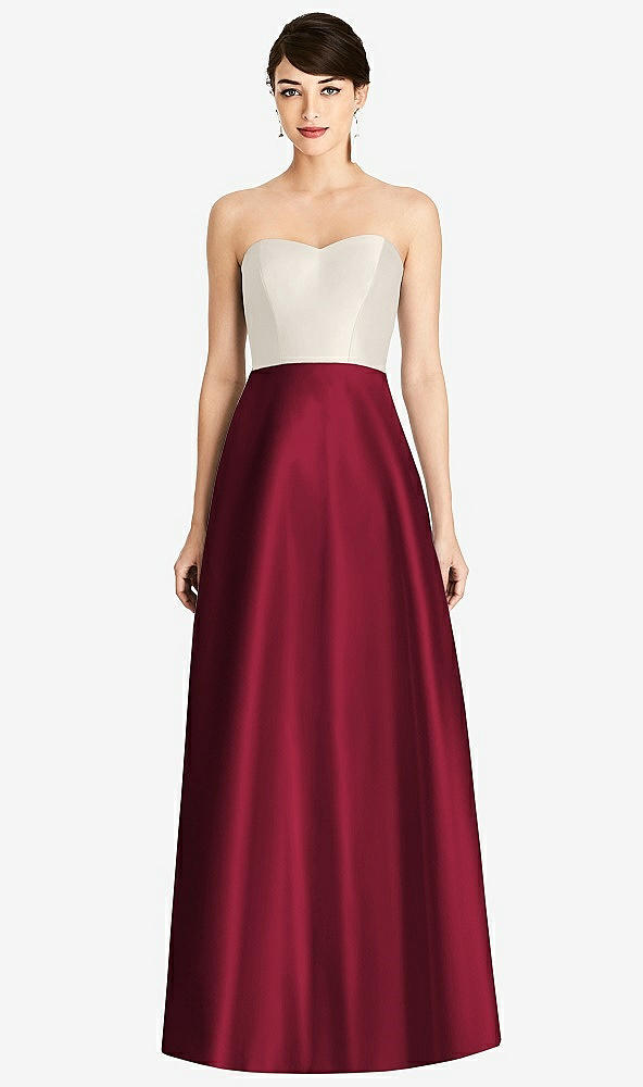Front View - Burgundy & Ivory Strapless A-Line Satin Dress with Pockets
