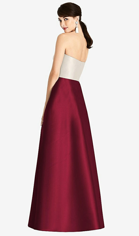 Back View - Burgundy & Ivory Strapless A-Line Satin Dress with Pockets