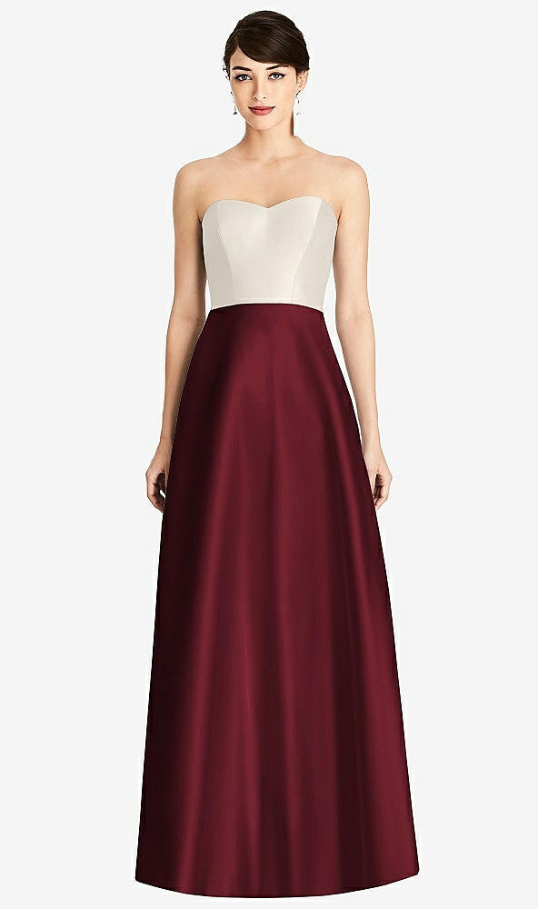 Front View - Cabernet & Ivory Strapless A-Line Satin Dress with Pockets