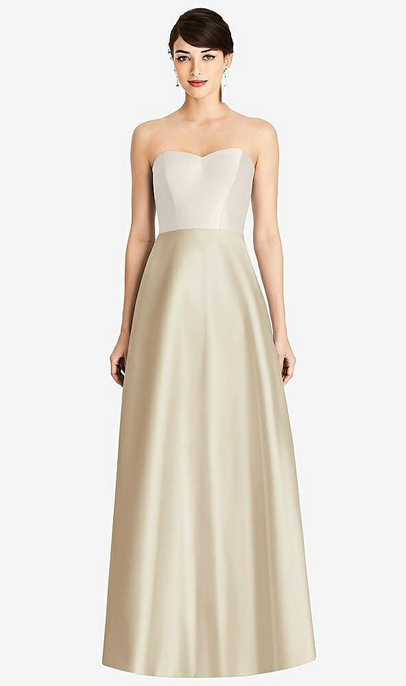 Front View - Champagne & Ivory Strapless A-Line Satin Dress with Pockets