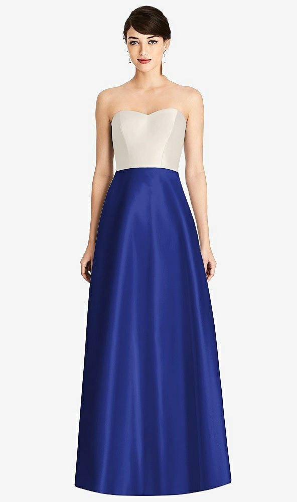Front View - Cobalt Blue & Ivory Strapless A-Line Satin Dress with Pockets