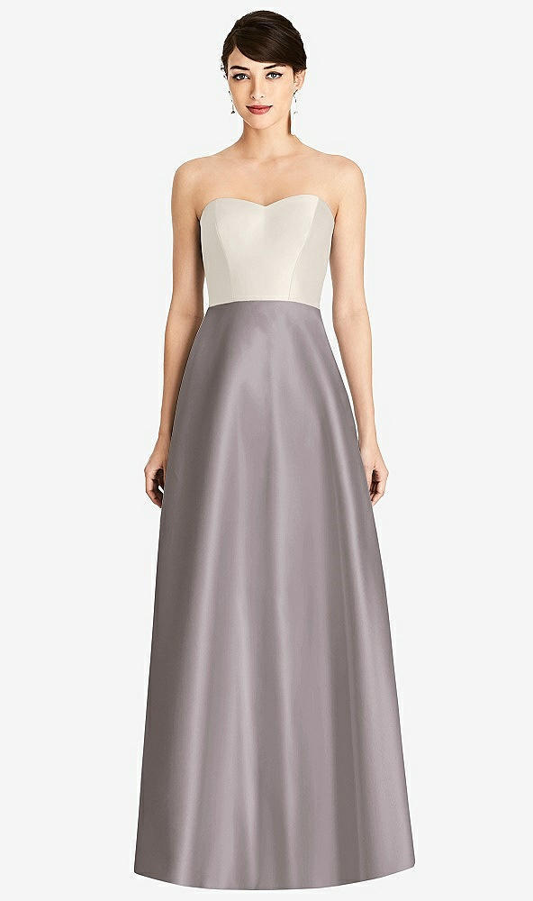 Front View - Cashmere Gray & Ivory Strapless A-Line Satin Dress with Pockets