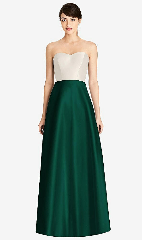 Front View - Hunter Green & Ivory Strapless A-Line Satin Dress with Pockets