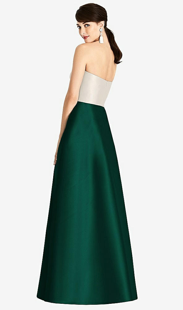 Back View - Hunter Green & Ivory Strapless A-Line Satin Dress with Pockets