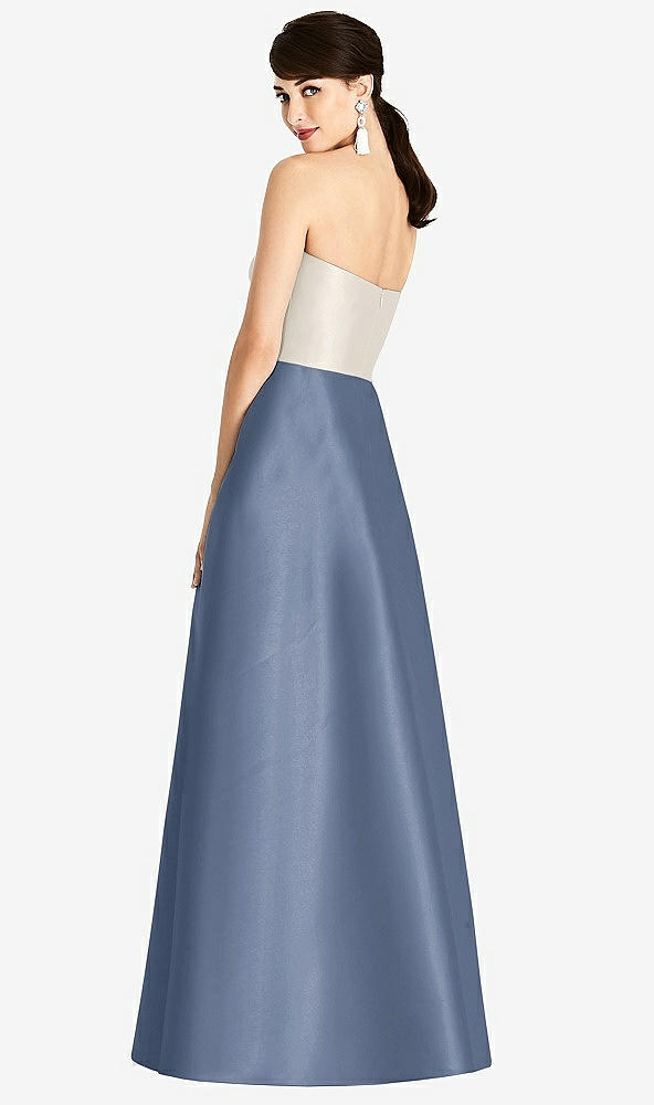 Back View - Larkspur Blue & Ivory Strapless A-Line Satin Dress with Pockets