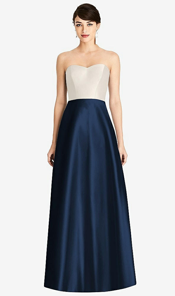 Front View - Midnight Navy & Ivory Strapless A-Line Satin Dress with Pockets