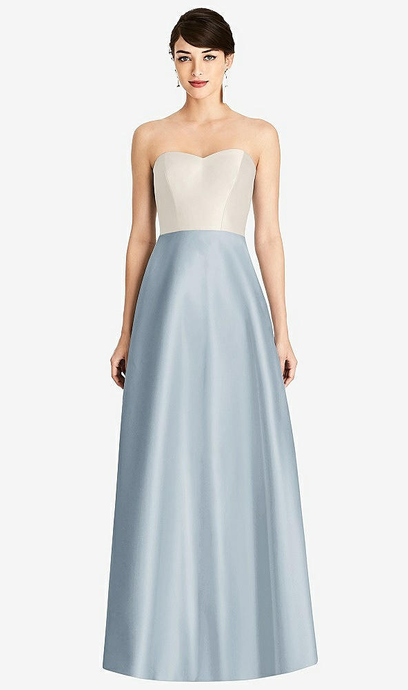 Front View - Mist & Ivory Strapless A-Line Satin Dress with Pockets