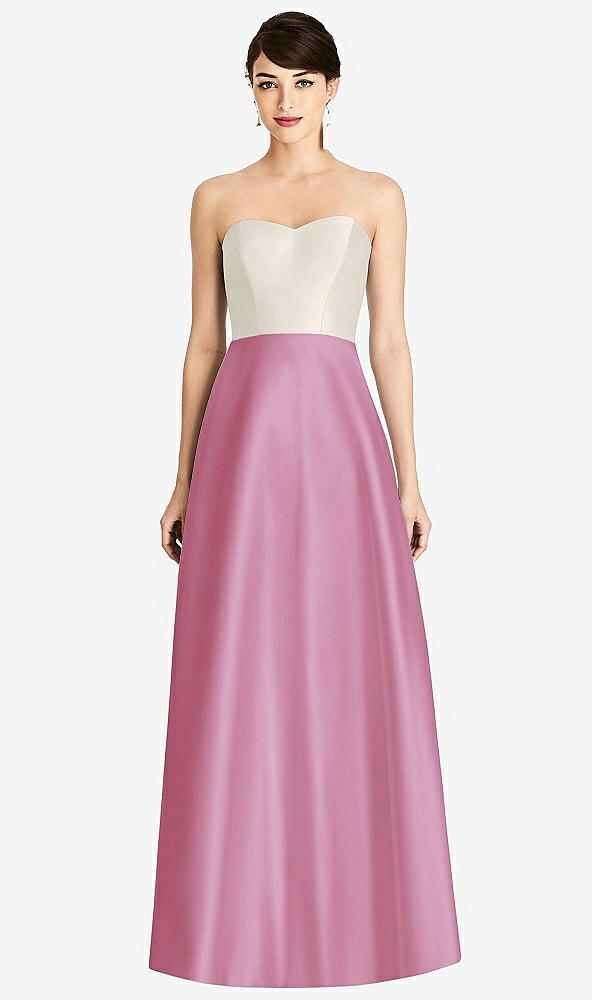 Front View - Powder Pink & Ivory Strapless A-Line Satin Dress with Pockets