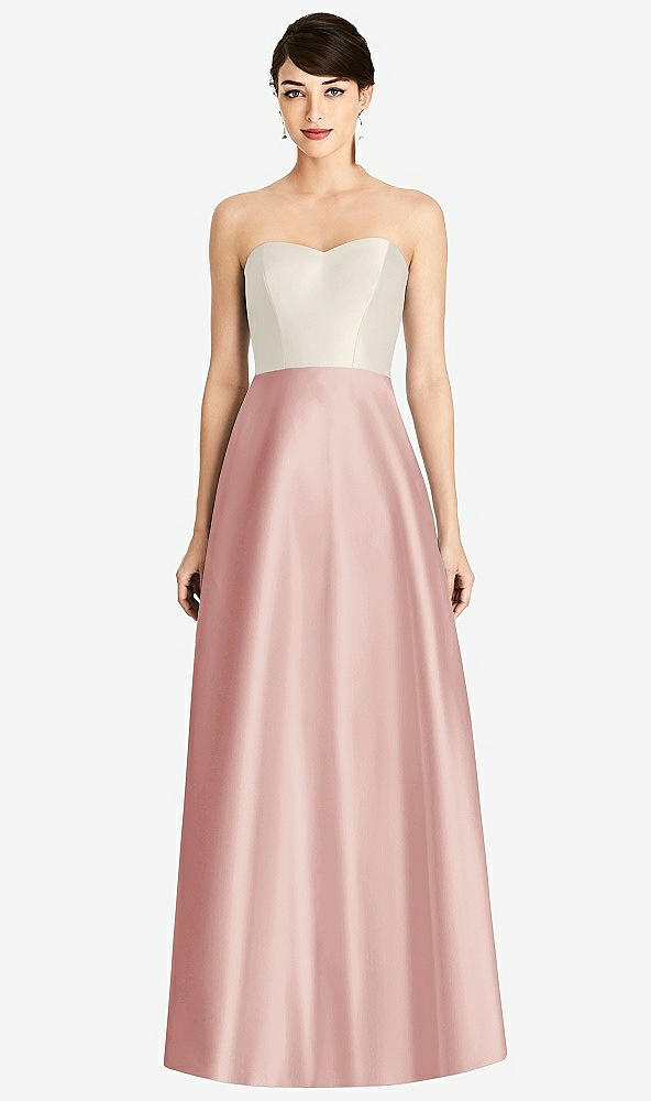 Front View - Rose & Ivory Strapless A-Line Satin Dress with Pockets