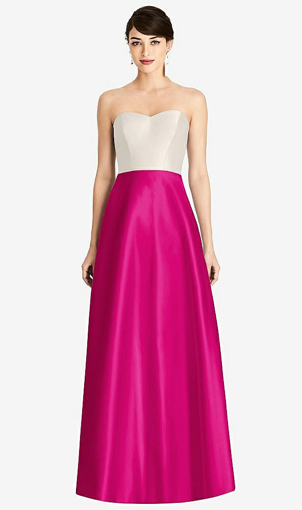 Front View - Think Pink & Ivory Strapless A-Line Satin Dress with Pockets
