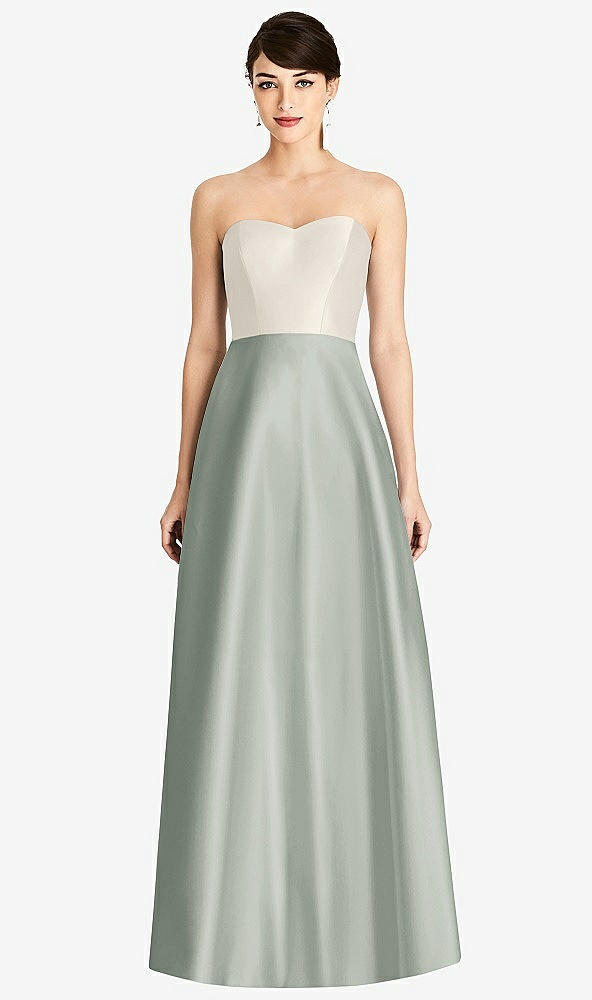 Front View - Willow Green & Ivory Strapless A-Line Satin Dress with Pockets