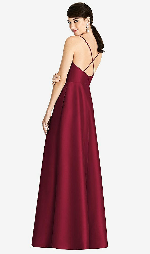 Back View - Burgundy V-Neck Full Skirt Satin Maxi Dress