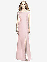 Front View Thumbnail - Ballet Pink Off-the-Shoulder Criss Cross Back Satin Dress