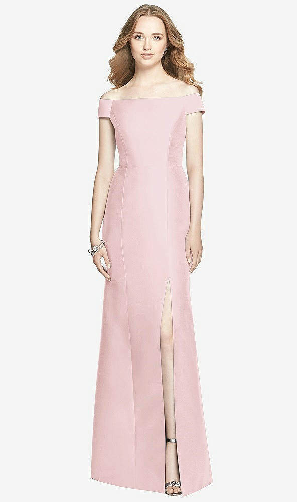 Front View - Ballet Pink Off-the-Shoulder Criss Cross Back Satin Dress