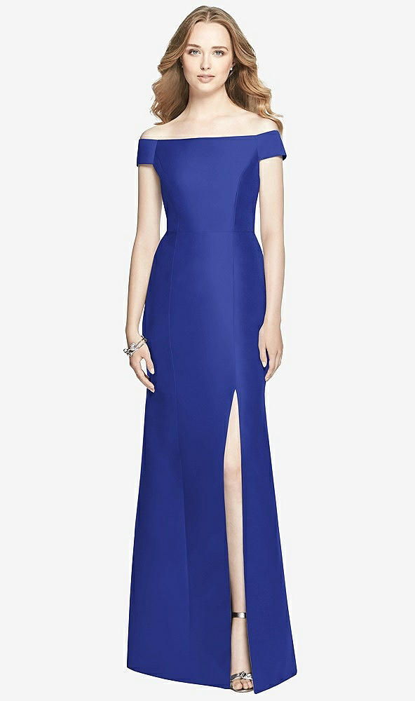 Front View - Cobalt Blue Off-the-Shoulder Criss Cross Back Satin Dress