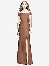 Front View Thumbnail - Cognac Off-the-Shoulder Criss Cross Back Satin Dress