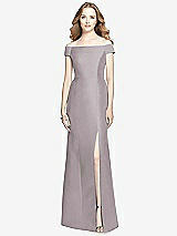 Front View Thumbnail - Cashmere Gray Off-the-Shoulder Criss Cross Back Satin Dress