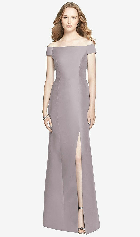 Front View - Cashmere Gray Off-the-Shoulder Criss Cross Back Satin Dress