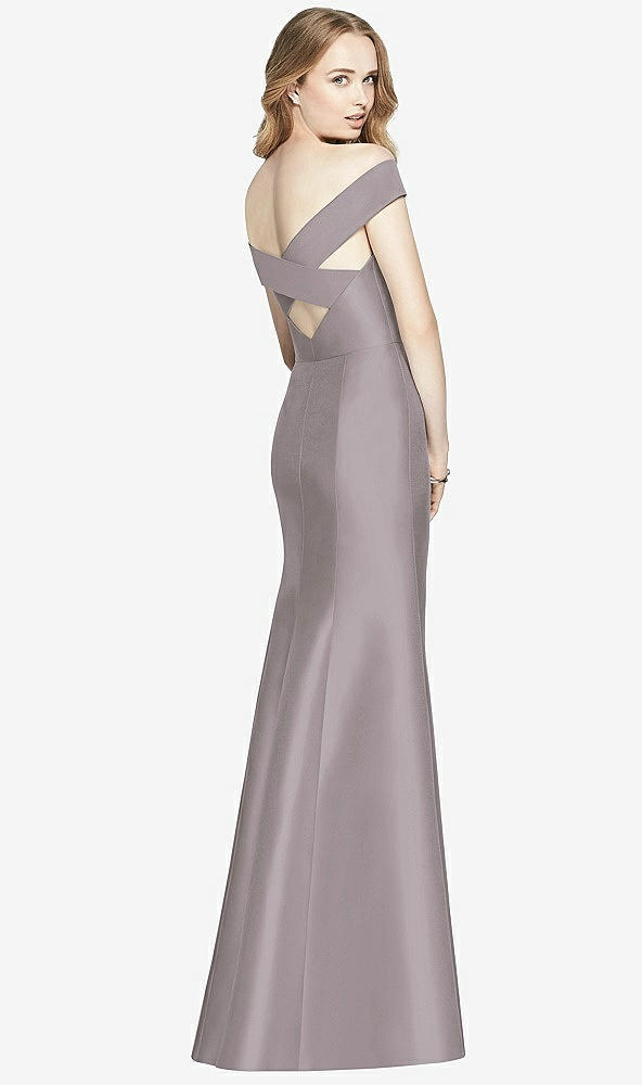 Back View - Cashmere Gray Off-the-Shoulder Criss Cross Back Satin Dress