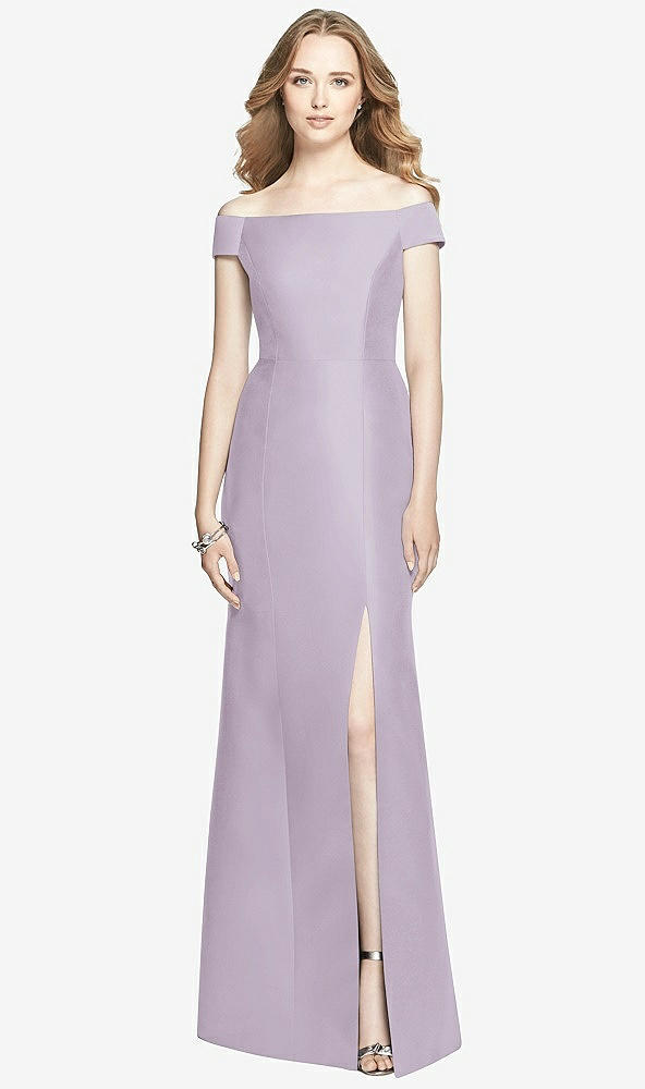 Front View - Lilac Haze Off-the-Shoulder Criss Cross Back Satin Dress