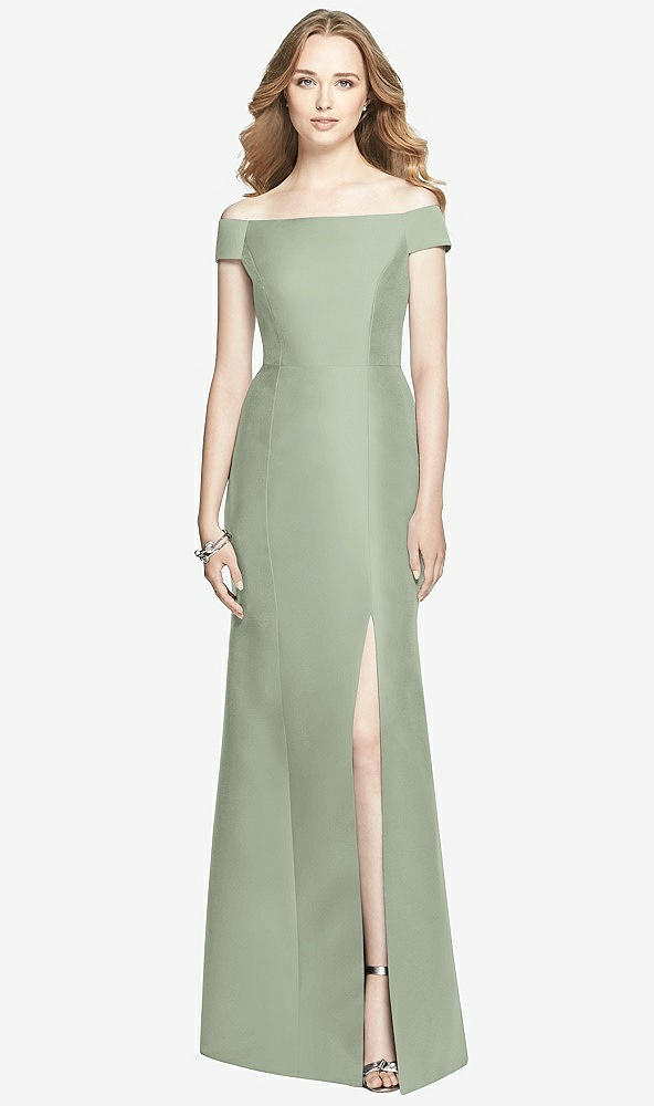 Front View - Sage Off-the-Shoulder Criss Cross Back Satin Dress