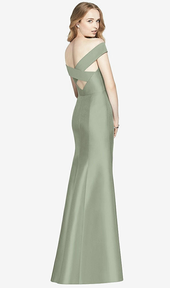Back View - Sage Off-the-Shoulder Criss Cross Back Satin Dress
