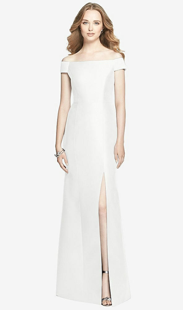 Front View - White Off-the-Shoulder Criss Cross Back Satin Dress