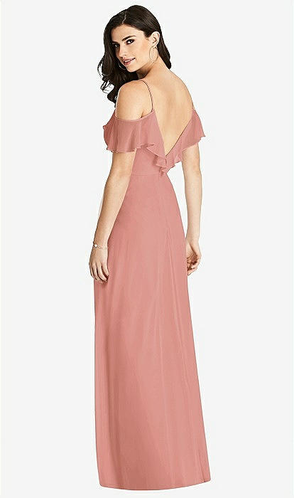 Ruffled Cold-shoulder Chiffon Maxi Bridesmaid Dress In Desert Rose