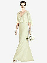 Front View Thumbnail - Butter Yellow V-Back Trumpet Gown with Draped Cape Overlay