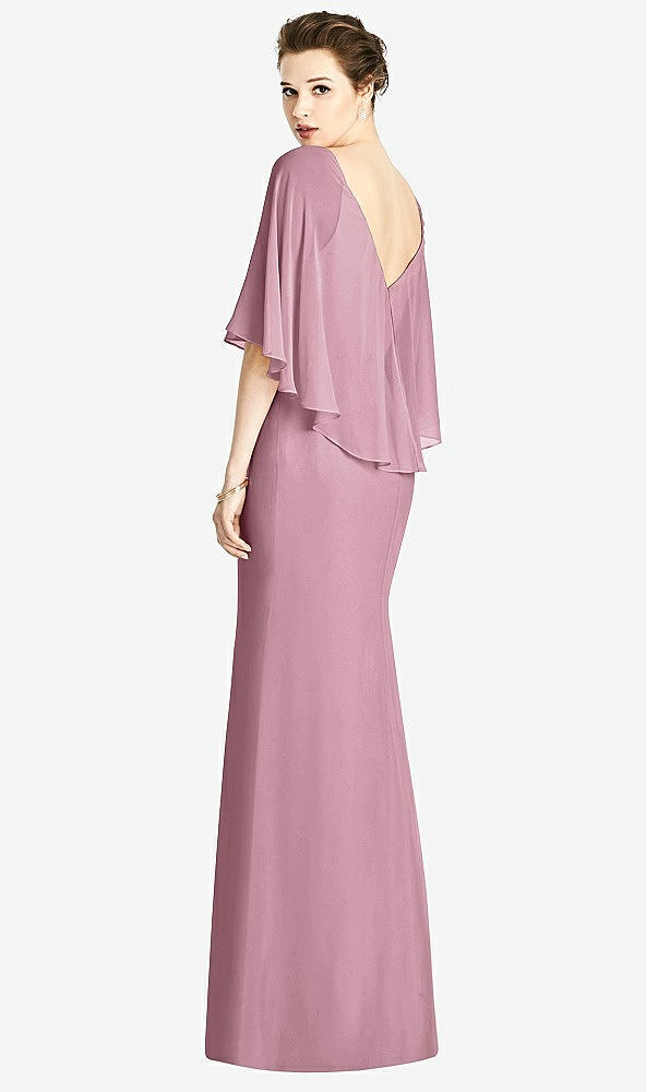 Back View - Dusty Pink V-Back Trumpet Gown with Draped Cape Overlay