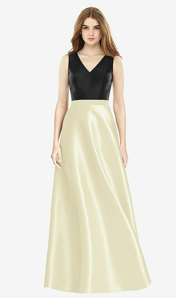 Front View - Butter Yellow & Black Sleeveless A-Line Satin Dress with Pockets