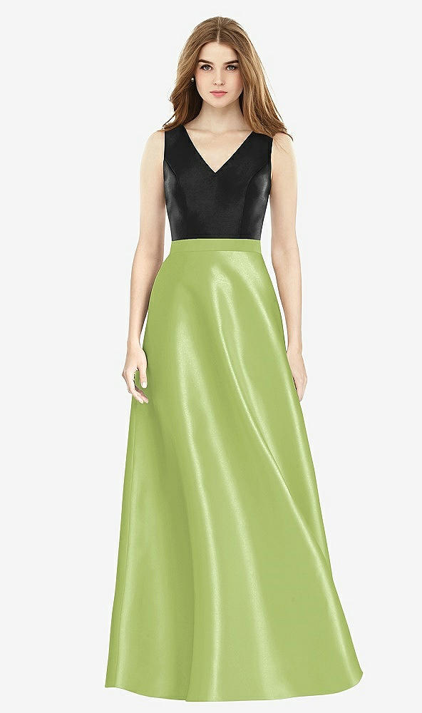 Front View - Mojito & Black Sleeveless A-Line Satin Dress with Pockets