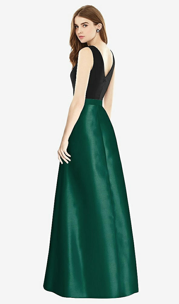 Back View - Hunter Green & Black Sleeveless A-Line Satin Dress with Pockets