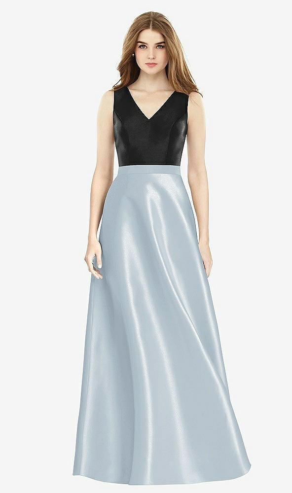 Front View - Mist & Black Sleeveless A-Line Satin Dress with Pockets