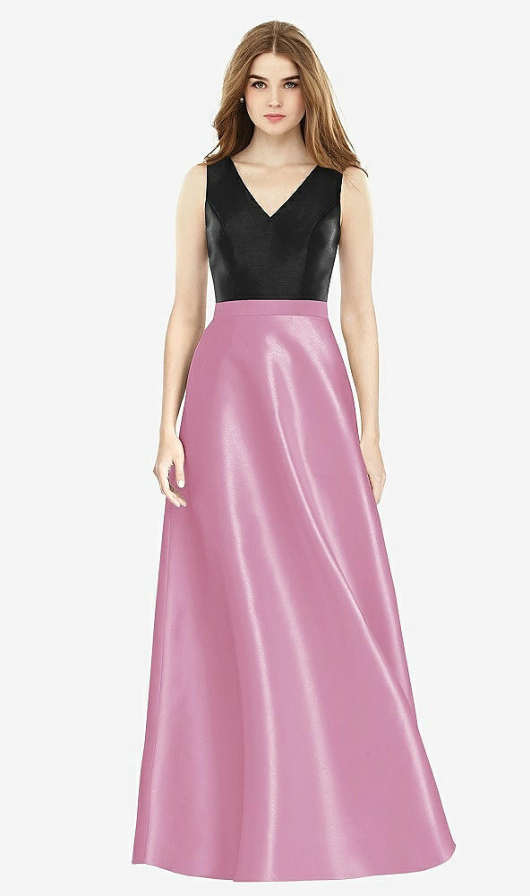 Front View - Powder Pink & Black Sleeveless A-Line Satin Dress with Pockets